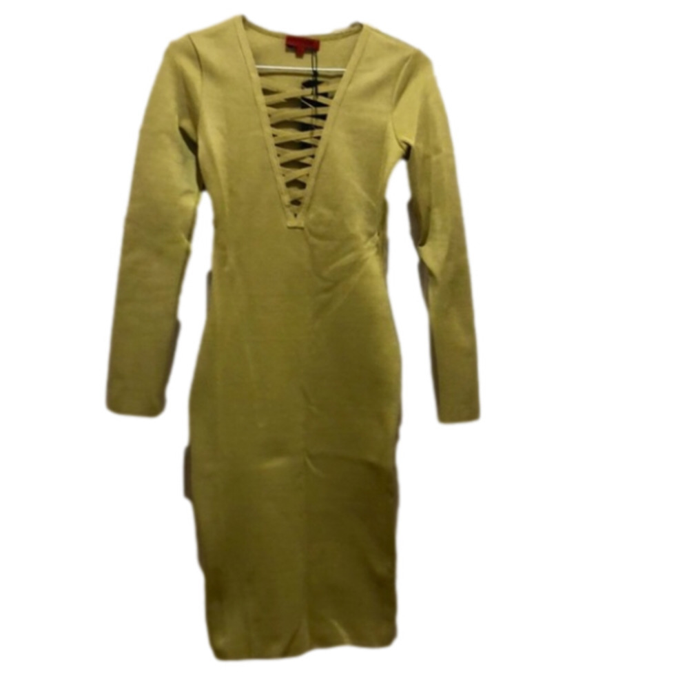 Green olive , Bandage under the knees dress long sleeves.